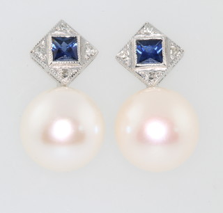 A pair of 18ct white gold Art Deco style sapphire, diamond and cultured pearl drop earrings 