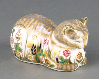 A Royal Crown Derby Imari pattern paperweight in the form of a cottage garden cat with silver stopper 2 1/2" 