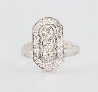 An 18ct white gold Art Deco style up finger ring with 3 centre brilliant cut diamonds surrounded by brilliant cut diamonds approx. 0.9ct size N 