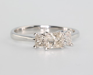 An 18ct white gold princess cut 3 stone diamond ring approx. 1ct size N 1/2