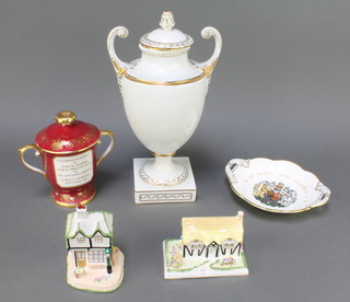 A Spode commemorative 2 handled cup and cover commemorating the wedding of Prince of Wales to Lady Diana Spencer 1981 no.361/500 6 1/2", a commemorative dish, 2 handled urn and cover and 2 Coalport pastel burners 
