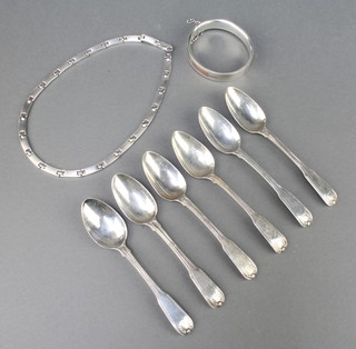 A silver bangle, necklace, bracelet, cufflinks and teaspoons 240 grams 
