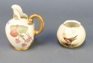 A Royal Worcester baluster jug decorated with flowers no. 1094 5" and a do. jardiniere decorated with a robin G161 2 1/2" 