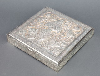 A  repousse silver square box decorated with flowers and birds 8" 877 grams 