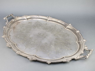 An Edwardian silver plated 2 handled tray with pierced rim 32" 
