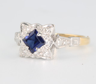 An 18ct yellow gold Art Deco style sapphire and diamond ring size K