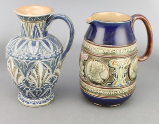 A Doulton Lambeth baluster jug with geometric decoration 8" and a commemorative jug The Coronation of Their Majesties Edward VII and Queen Alexandra 
