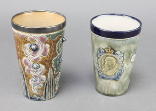 A Royal Doulton commemorative beaker Coronation 1911 5", a do. with stylised leaves and silver rim 5" 