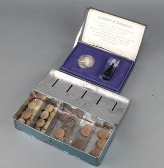 A commemorative silver crown together with a sample of North Sea oil 40 grams cased and minor coins