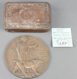 A World War One death plaque to James John Ballam together with a Christmas 1914 chocolate box and a CBAF ARP badge 
