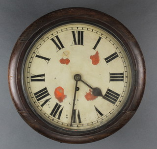 A fusee wall clock with 11 1/2" painted dial and Roman numerals contained in a mahogany case together with 3 emblems and an associated 