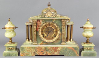 Ansonia, a 19th Century 3 piece garniture comprising striking mantel clock in an onyx finished architectural case with visible escapement, gilt dial and Roman numerals together with a pair of matching side urns (1 with chip to base) 
 
