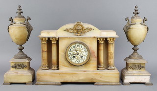 A 19th Century French 3 piece clock garniture comprising an 8 day striking mantel clock in a white veined marble case and a pair of lidded urns with gilt metal mounts 