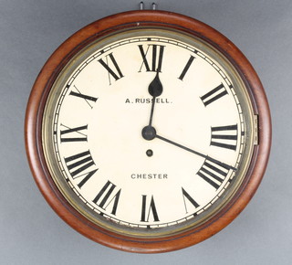 A 19th Century fusee wall clock, the 12" dial with Roman numerals and marked A Russell Chester, the back plate marked R.H.L & Co. M/C 4 1/2" x 6" 