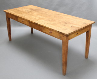 A 19th Century rectangular French kitchen table fitted 4 short drawers, raised on square tapered supports 28"h x 29"w 