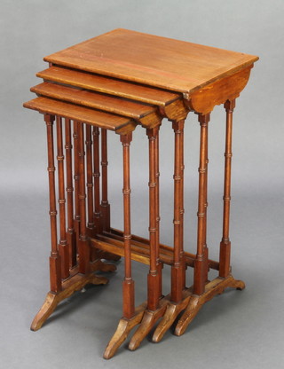 A quartetto of Edwardian rectangular inlaid mahogany tables raised on turned supports 24"h x 16" x 11 1/2", 23"h x 13 1/2"w x 11"d, 23"h x 12"w x 10"d and 22"h x 10" x 9 1/2" 