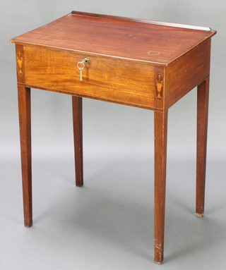 A 19th Century inlaid mahogany and crossbanded "Davenport" with hinged box lid, fitted a drawer and raised on square supports 30 1/2"h x 241/2"w x 17"d  