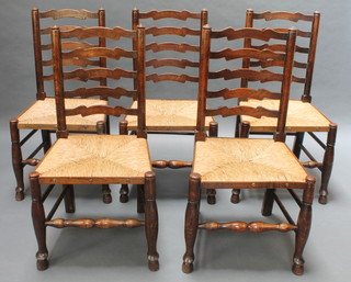 A set of 5 elm Lancashire ladder back dining chairs  with woven rush seats 