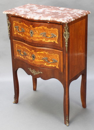 A French inlaid Kingwood chest of serpentine outline and pink veined marble top, fitted 2 long drawers with gilt metal mounts 33"h x 24"w  x 14"d  