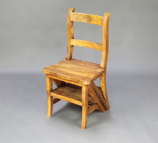 A Victorian style carved mahogany metamorphic chair/pair of 5 tread library steps 