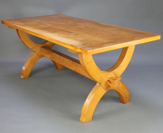 An elm refectory dining table raised on H framed stretcher with X framed supports 30"h x 72"l x 36"w 