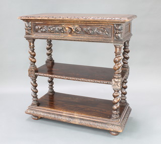 A Victorian rectangular carved oak 2 tier buffet fitted a drawer, raised on turned supports 37"h x 36"w x 17"d 
