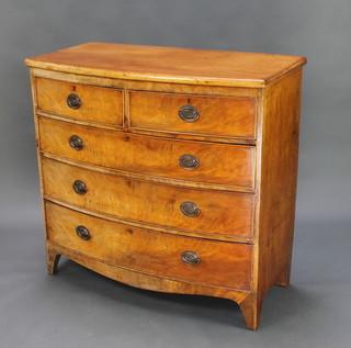 A 19th Century mahogany bow front chest of 2 short and 3 long drawers with oval brass handles, raised on bracket feet 38 1/2"h x 41"w x 20"d 