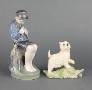 A Royal Copenhagen figure of a boy whittling no.905 7", an Aynsley composition figure of  a West Highland Terrier 