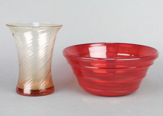 A Whitefriars red ribbed bowl 14" together with a orange glazed flared Whitefriars style bowl 6 1/2" 