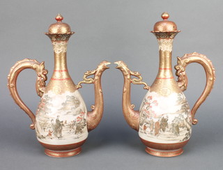 A pair of early 20th Century Kutani baluster ewers and stoppers with bird spouts and dragon handles, decorated with figures before pavilions and 6 character marks, 12 1/2" 