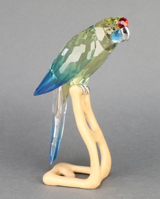 A Swarovski coloured Crystal figure of a parakeet on a wooden stand 8 1/2"  boxed