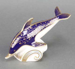 A Royal Crown Derby Japan pattern paperweight in the form of a dolphin with silver stopper 7" 