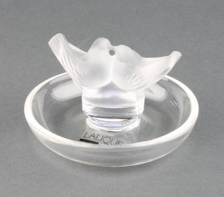 A Lalique ring dish with 2 doves 2 1/2" with etched lower case marks, boxed