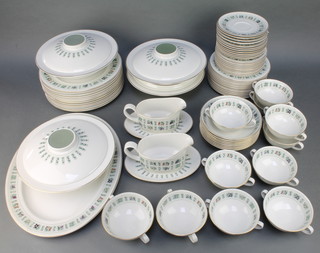 A Royal Doulton Tapestry pattern dinner service comprising 11 soup bowls, 12 saucers, 12 small plates, 12 side plates, 12 dinner plates, 2 sauce boats on stands 4 tureens and covers, an oval meat plate and 8 dessert bowls

