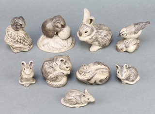 A Poole brown glazed rabbit 4", a ditto field mouse 3", chaffinch 3", mouse 3", mouse 2 1/2", field mouse 2", field mouse on corn 3 1/2", seated field mouse 3" and another 3" 