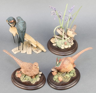 A Teviotdale group of 2 swallows 8" by D Edlemann 86, country artists pheasant 7", do. pheasant and a wren with bluebells  