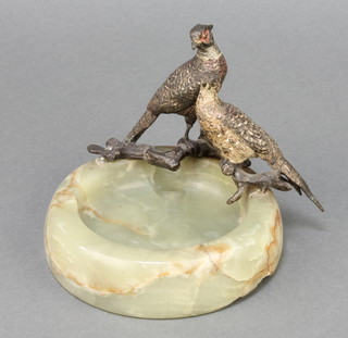 An Austrian cold painted bronze figure group of a hen and cock pheasant mounted on an onyx ashtray 3" x 5" 
