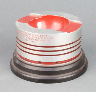 An ashtray formed from a Piston marked To Fred on his retirement with good wishes from his colleagues at Thornton Research Centre September 1954 3" 
