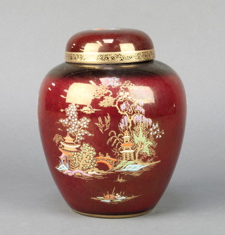 A Crown Devon ginger jar with a red ground and chinoiserie landscape decoration 7" 