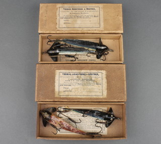 4 vintage William Brown silk phantom lures in cardboard boxes marked Thomas Armstrong & Brother 