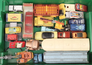 A Matchbox Series no.33 Ford Zephyr, boxed, a Norev no.160 Dinky 982 Pullmore car transporter, a Corgi Major articulated horse box and other model cars 