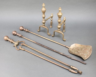 A pair of brass Adam style fire dogs 12"h x 6" 1/2d and brass 3 piece fireside companion set with shovel, poker and tongs