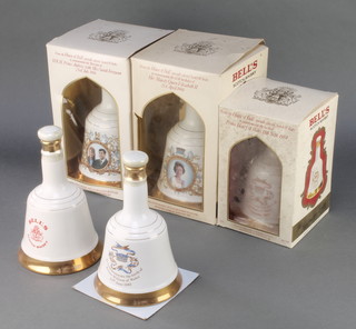 Five Wade Bells  Whisky Royal commemorative decanters - Birth of Prince William 1982, Birth of Prince Harry 1984 (x2), The Queen's 60th Birthday 1986 and The Wedding of Prince Andrew and Sarah Ferguson 1986, containing approx 300cl of Bells Whisky 
