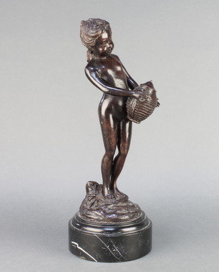 A  classical style reproduction bronze figure of a girl holding a lidded urn, raised on a black marble socle base 15" 

