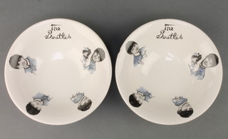 An exceptionally rare Beatles cereal bowl with print transfer error and one other. Circa 1964 manufactured by Washington Pottery, colour transfers of the four Beatles and facsimile signatures, unmarked, 6 1/2".  The unchipped bowl has a print error resulting in the absence of George and duplicate printing of Paul