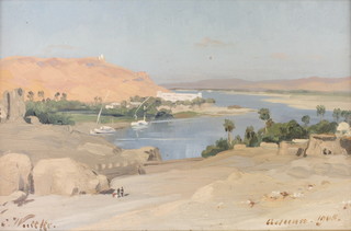 Edwardian, oil, on board, indistinctly signed, dated 1905, Egyptian riverscape with figures and distant buildings 5" x 7 1/2"