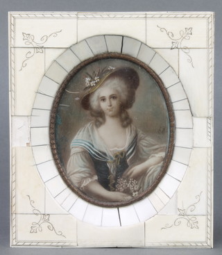 Kozyl, oval miniature portrait of a lady 4" x 3" in a piano key frame and 2 Baxter prints