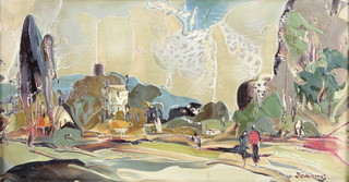 George Richard Deakins (1911-1982), oil on board, stylised landscape with figures, signed 7 1/2" x 14 1/2" 