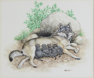 Richard W Orr, gouache, wolf with cubs 7 1/2" x 9" 