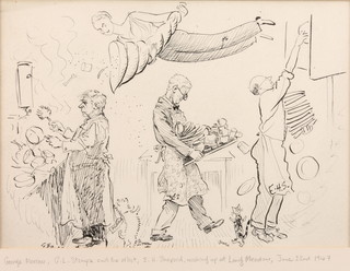 Ernest Howard Shepard (1879-1976), pen and ink, monogrammed, cartoon, "Washing up at Long Meadow, June 22nd 1947" depicting E H Shepard, George Morrow, G L Stampa and Mrs Shepard, 7" x 10" 